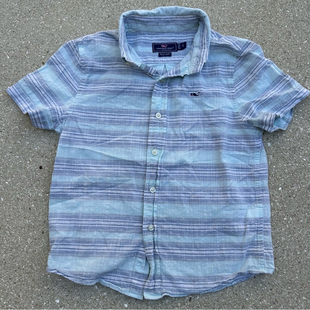 Vineyard Vines Blue and Gray Striped button up  Shirt boys size 7